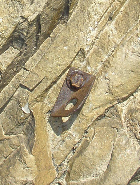 (Pre-replacement) Typical lead bolt on "Olas Negras". All the bolts for this climb were suspect and needed to be replaced. Hangers were missing off one or more of the lower bolts.