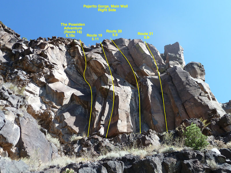 The right side of Pajarito Gorge, Routes 18 through 21.