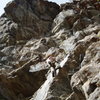 Paavo Thabit midway up Goat Goes Up. The route diagonals right across a gray and white slab to where Paavo is, then diagonal left up steeper rock into the corner and up to the top.