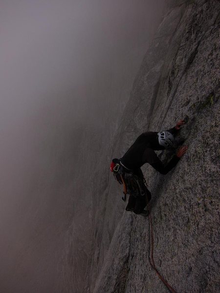 Graham in the fog on the first ascent.