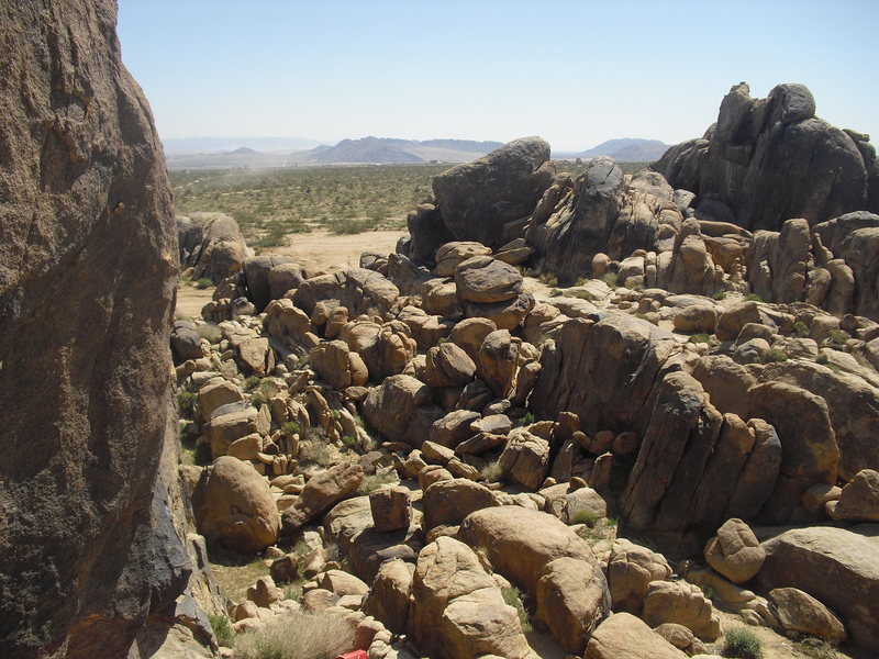 Looking east from Mickey's Wall, Ghost Boulders, Johnson Valley Area. The western aspect of Spy Mtn(Giant Rock) in the center of photo