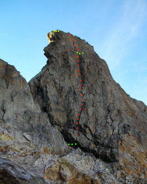 Our route up the grand chimney of Treasure Mountain. Pretty good rock. Descent belay ledge but not that much gear at the ledge. 5.8+ climbing. Green marks the belays, yellow marks our anchor we left to rap off, two old pitons and a tri-cam equalized with webbing and a locker.