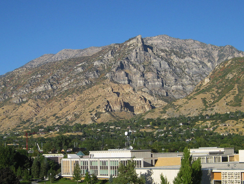 The mountain dominates the scenery east of Provo. You can see the tan/brown quartzite cliffs of the lower canyon, with the gray limestone of Squaw Peak rising above.