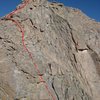 Route up from the Rap station. The Stepladder goes behind a right facing dihedral. Ledge from Notch leads to belay ledge under the Stepladder.