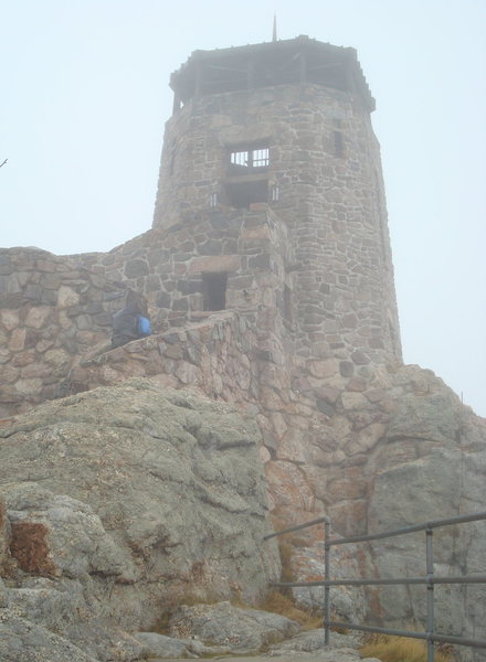 The tower at the top of Harney Peak.  We hiked up on our one bad weather day.