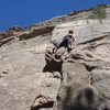 Nan leading Zamboni Man, just below the first crux (2nd bolt).