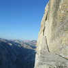 Thank God Ledge.  P21, Regular Route on the Northwest face of Half Dome.