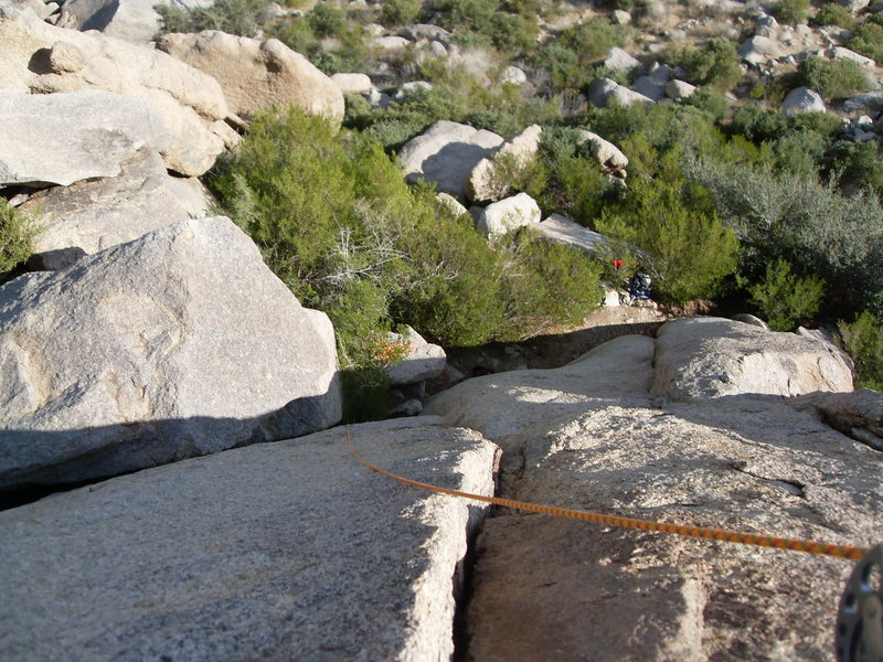 Looking down from an under-the-roof belay.