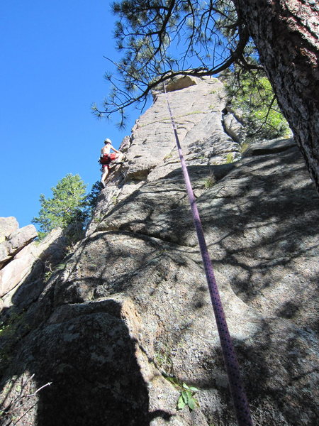 Tim Davis follows Full Nelson Reilly (5.10) on The Spire, in the SSV.  Photo by Tony Bubb 10/2010. 