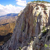 Table Mountain, NW face of the main buttress. Crescent Crack (5.8+) on left edge.