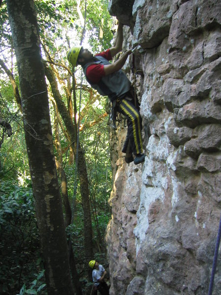 A. Aldama climbing a small overhang on La Piedrita.