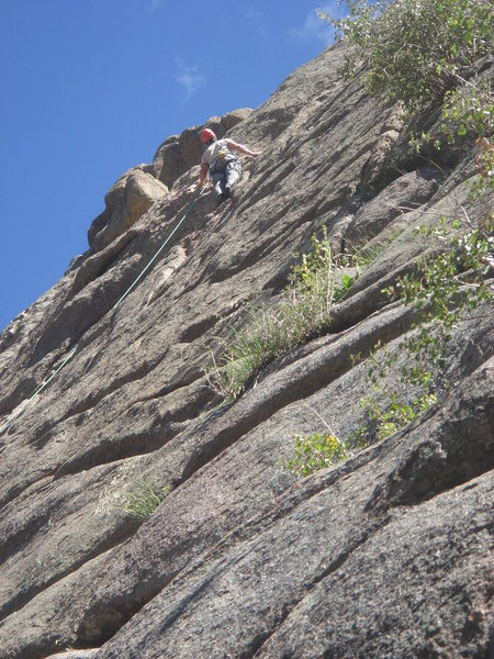 leading the scaryass runouts of Zendance (5.7-), Arch Rock, Elevenmile Canyon<br>
<br>
Photo by Kimberly