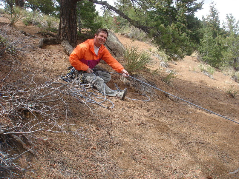 A typical belay for Silver Cascade.  I'm anchored to a big tree root.