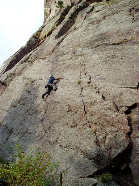 Luke starting up the tiny corner on the first half of The Offset. The diagonal cracks on the right can be climbed as an alternative start, but getting back on route is difficult.