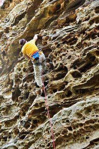 Not a great photo but it does show how featured and steep the rock is. October 2010.