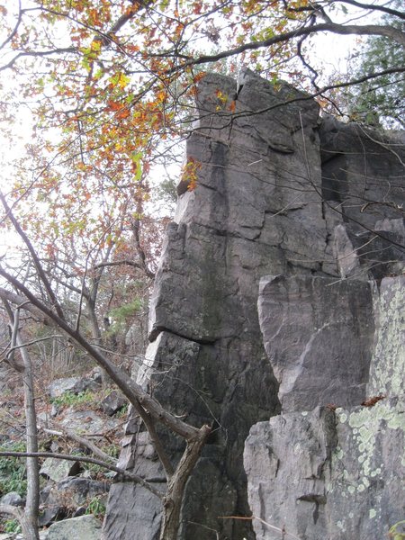 "Der Schnozzel" 5.8 climbs the right side of the corner.