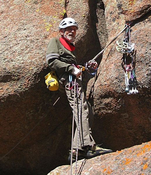 Prevent rope drag! The gear belay for the standard version of <b>American Crawl</b>. Omit this stance if climbing <b>Crawl Direct</b>. This is where the leader can stand erect.