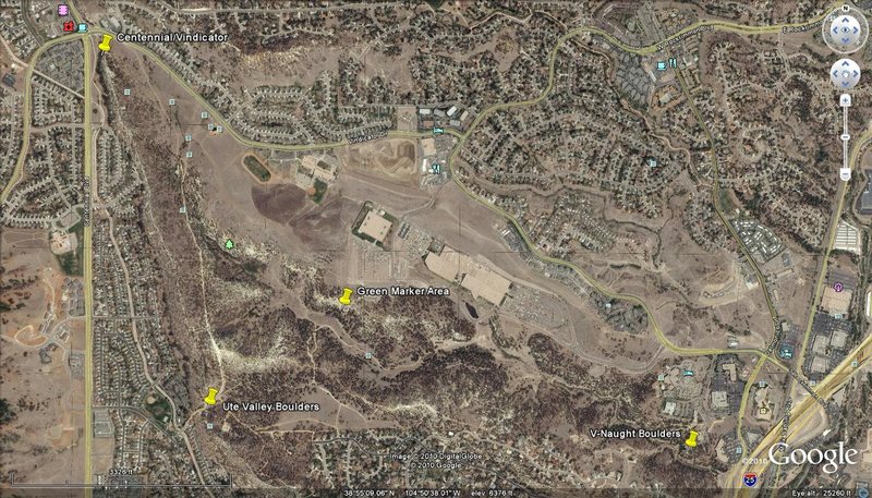 Google Earth Map of the main areas in Ute Valley Park.<br>
Elkton Boulder is just outside of the picture, to the south.