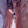 Looking down on Chuck at the belay from the top of the chimney.