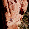 Scott Baxter and Al Doty on the ledge at the end of the first pitch. The poorly protected face climbing leads off the ledge to the obvious, bottomless corner above.