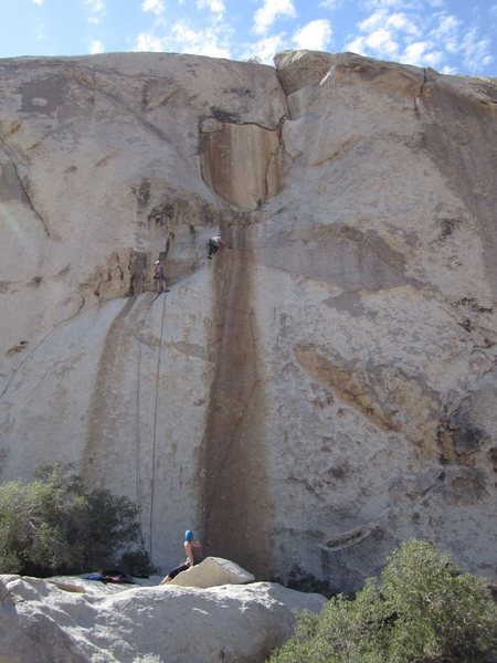 Approaching the end of pitch 1 of Solid Gold belayed from the new two-bolt anchor of the route between SG & My Laundry.