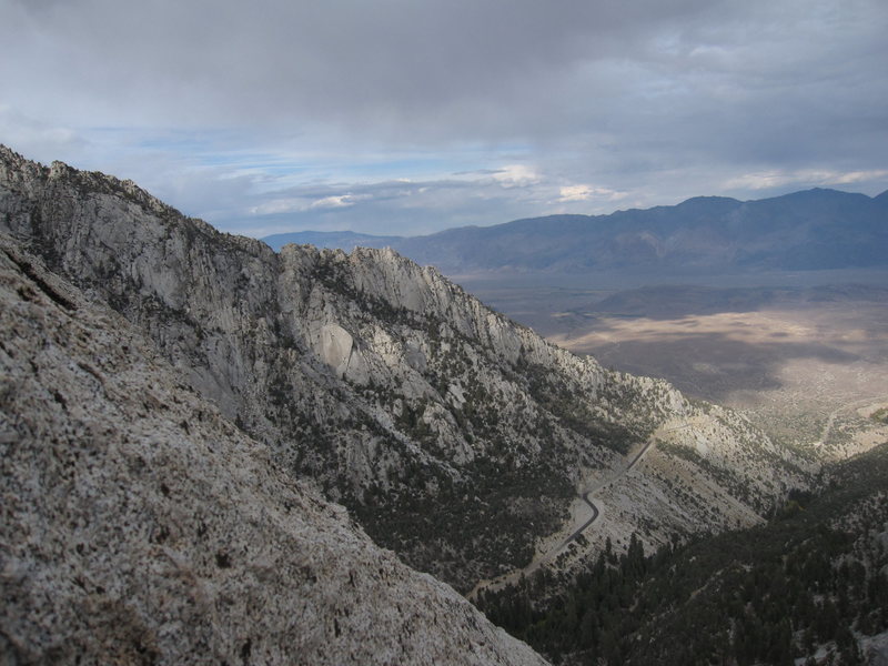 Afternoon light shines on the Whale from the top of the Candlelight Buttress.