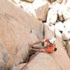 Romain Wacziarg near the crux of Deflowered, in Steve Canyon, Joshua Tree National Park.