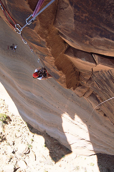 This is looking down from the first belay station on speak no Evil.  Its actually the Widen-Plvan variation just to the left of the first pitch of speak no evil.  I highly recommend this start.  I did this route back in 04 or 05 and it was a blast.  I would like to do it again.