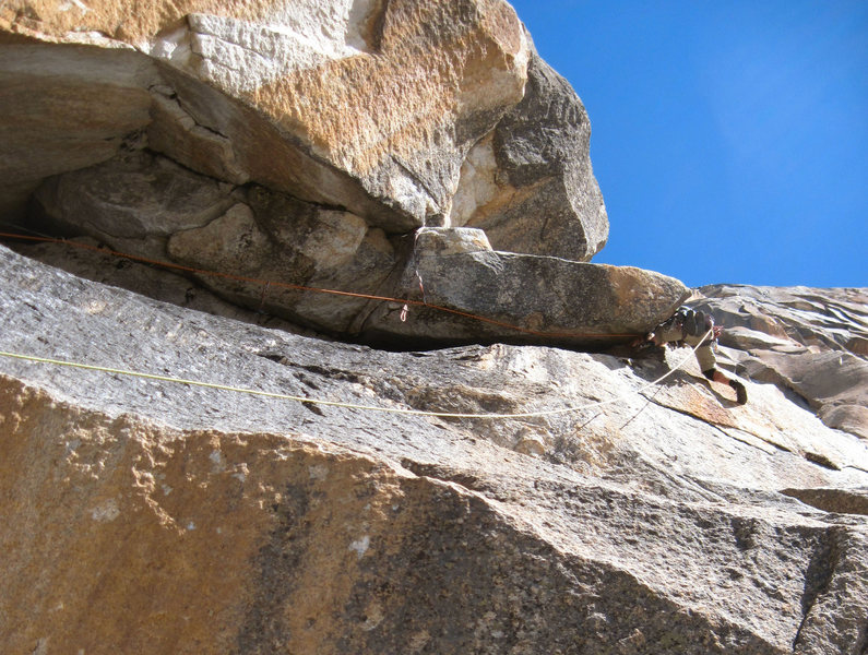 Andrew leads the "big overhang" pitch.  This is the second 5.11 pitch listed on many topos.