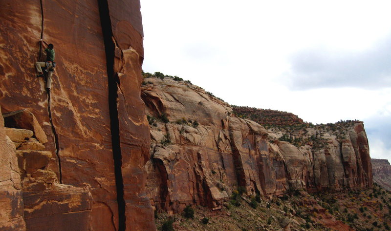 Greg on Blue Sun 5.10, Way Rambo Wall, Indian Creek, UT