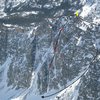 Topo of how we pitched out the route.  First and last pitches in this photo are just snow climbing.  Photo by Dougald MacDonald, with embellishments by me.