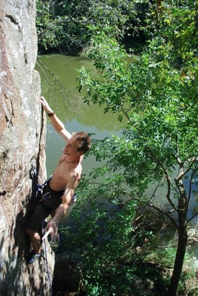 Taking a quick rest on Ripple Boulder Arete, 10c. 