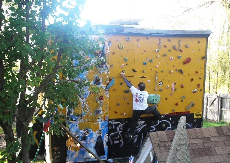 Fall bouldering outdoors on my woodie wall.