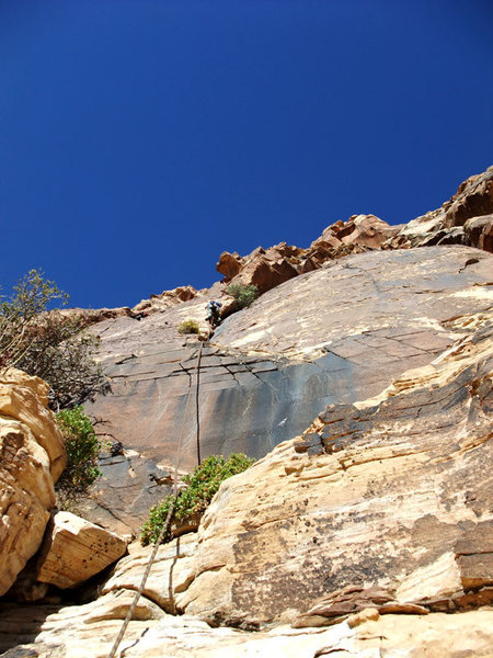 P2. Dow avoided the bush belay and linked this up with the expando chimney pitch.  The only downside here is it's difficult to see the leader once in the chimney.