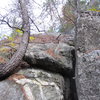 Fourth pitch is not really a pitch at all, just a pile of rocks below an easy to ascend slab.