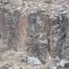 View down onto the Old Stagecoach crag right.  Shown Piton crack (shares anchor  with Mama), Augustin's Flake (anchor chains), Popay's (X=bolts and anchor), Forests (anchor) and Cactus Karma (anchor cains) 