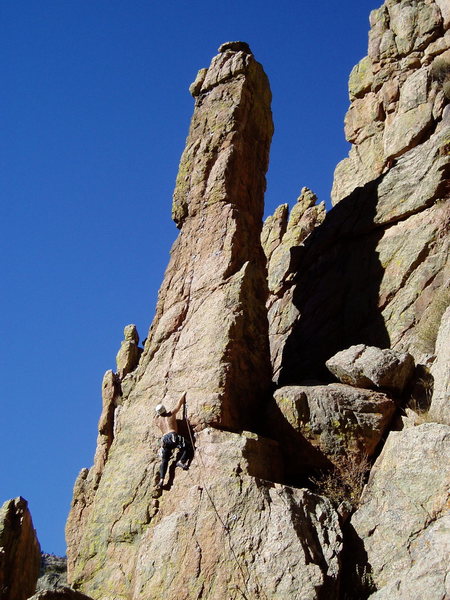 Kenny after the hard traverse left to the center of The Scepter.