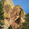 The crack system in the right side of this photo, near the sharp arete, is the second pitch of Fear Of Flying, a pretty nice and exposed pitch.