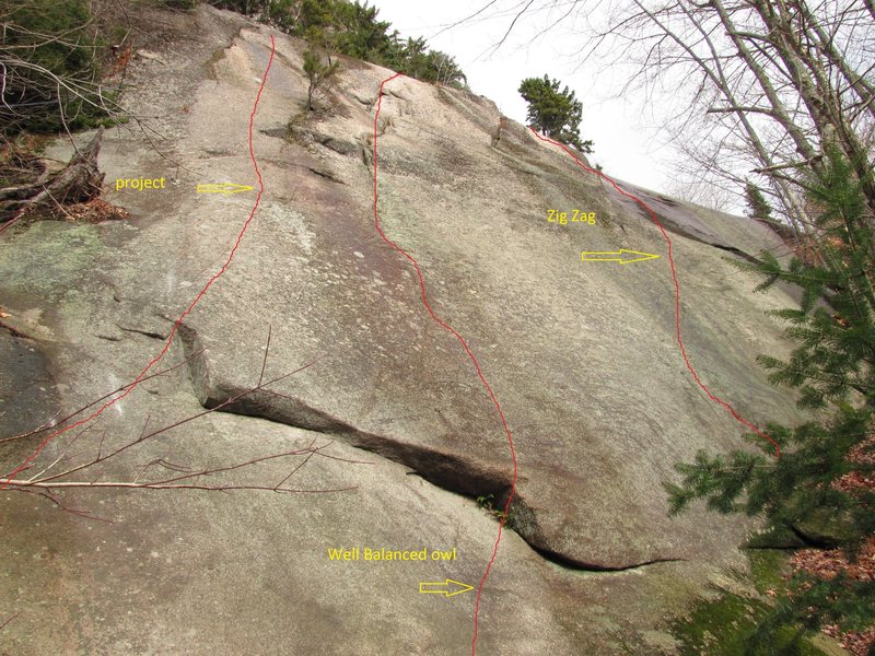 First routes on the slab, as seen from atop the large hang out boulder.