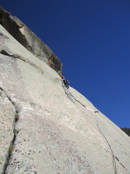 Right in the middle of the 3rd pitch before making the 30 foot traverse back to the left. 