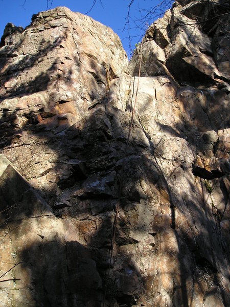 Bird Shit ends on right where rope goes, central gully is very easy escape route if desired