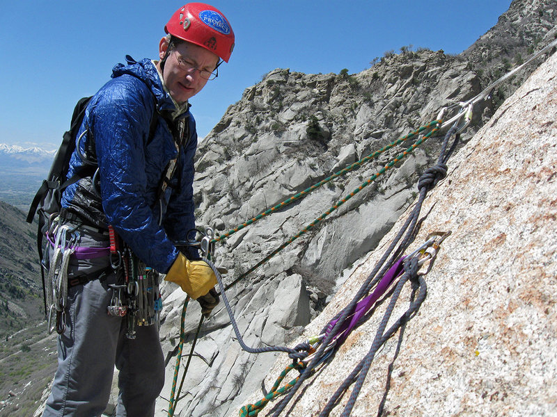 At the top of the second pitch on <em>[[105741425]]</em>. April, 2010.<br>
<br>
Photo by Marc Jensen.