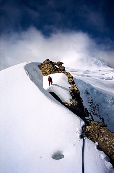 Mike on an attempt of the Ice Arete on Mt. Resplendent.  Mt. Robson Provincial Park.  Canada.