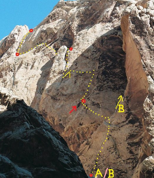 The Route. A/B the start of both Heliotropism 5.12a and The Black Helicopter 5.11+ B) P2 of The Black Helicopter.