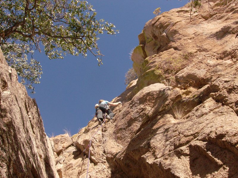 Going up on gear only...that being said, this is a good trad route as well. (5.7 G&P)