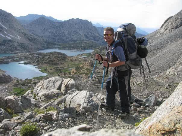 Backpacking over Bishop Pass heading for Palisade Basin, North Pal BC