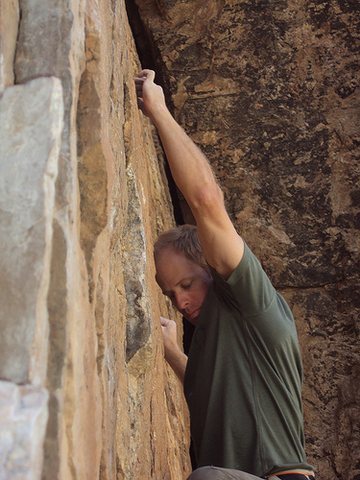 working on Stealin (5.11a), La Milagrosa Canyon, Tucson, AZ