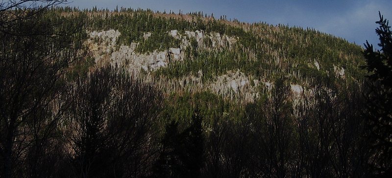 Crags seen from trail parking lot. The pillar is the very bright rock in the lower right center of this photo. The attempted ceiling route is above and left of this pillar wall. 