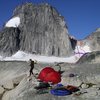 Snowpatch routes from Applebee<br>
Photo by MP contributor Steven Lucarelli<br>
<br>
Blue - Wiessners Route<br>
Red - Bugaboo Snowpatch Col<br>
Purple - Bergschrund<br>
Black - 60 meter rappel<br>
Yellow - first Kraus-McCarthy rap anchor