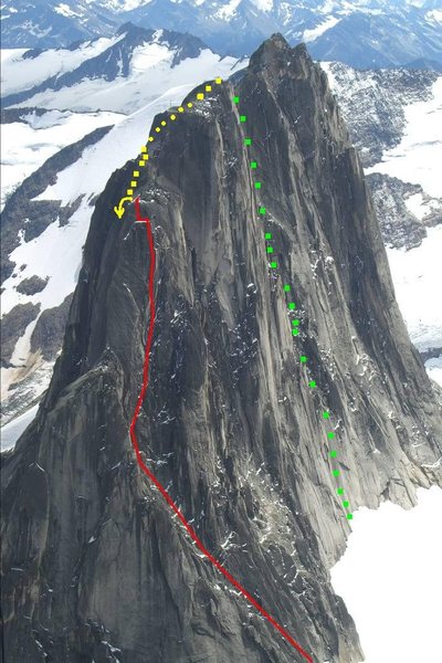 Buckingham Route, North Summit, Snowpatch<br>
Photo by Mtn Proj Contributor Dr. Evil<br>
<br>
Yellow - Upper Buckingham Route<br>
Green - Beckey-Greenwood/Super Direct Rappel Route